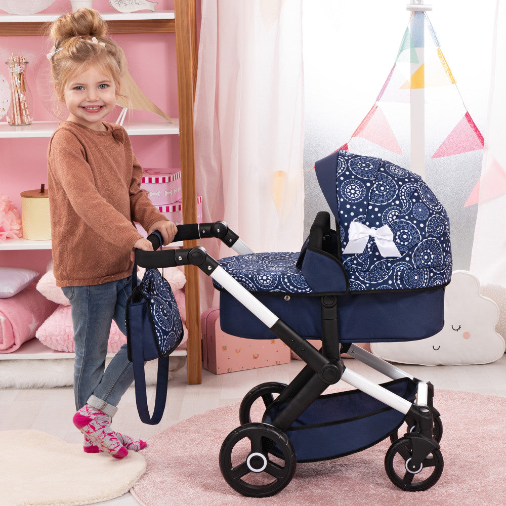 Bayer Design Xeo Pram Doll Stroller - Blue and White Circles for 18" Dolls - Image 5
