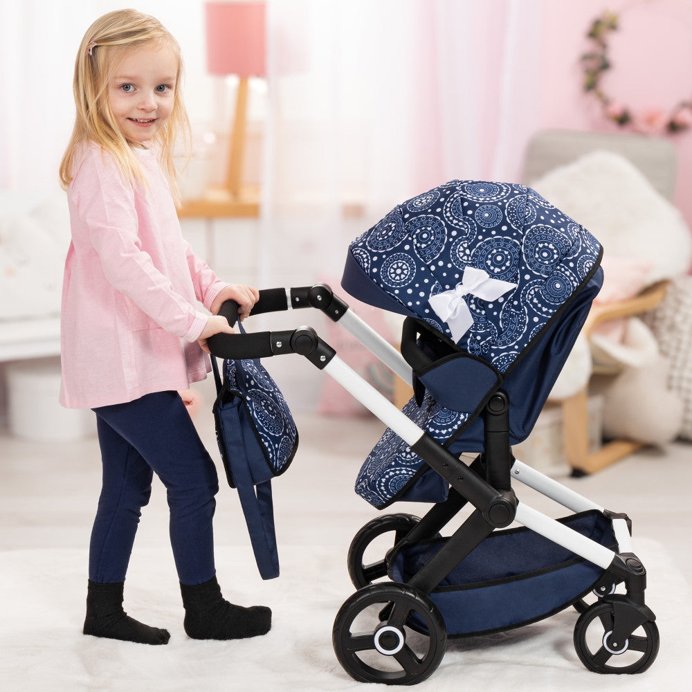 Bayer Design Xeo Pram Doll Stroller - Blue and White Circles for 18" Dolls - Image 6