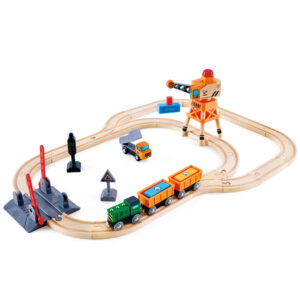Hape - 32pc Wooden Train Cargo Railroad Yard - Crossing & Crane Set