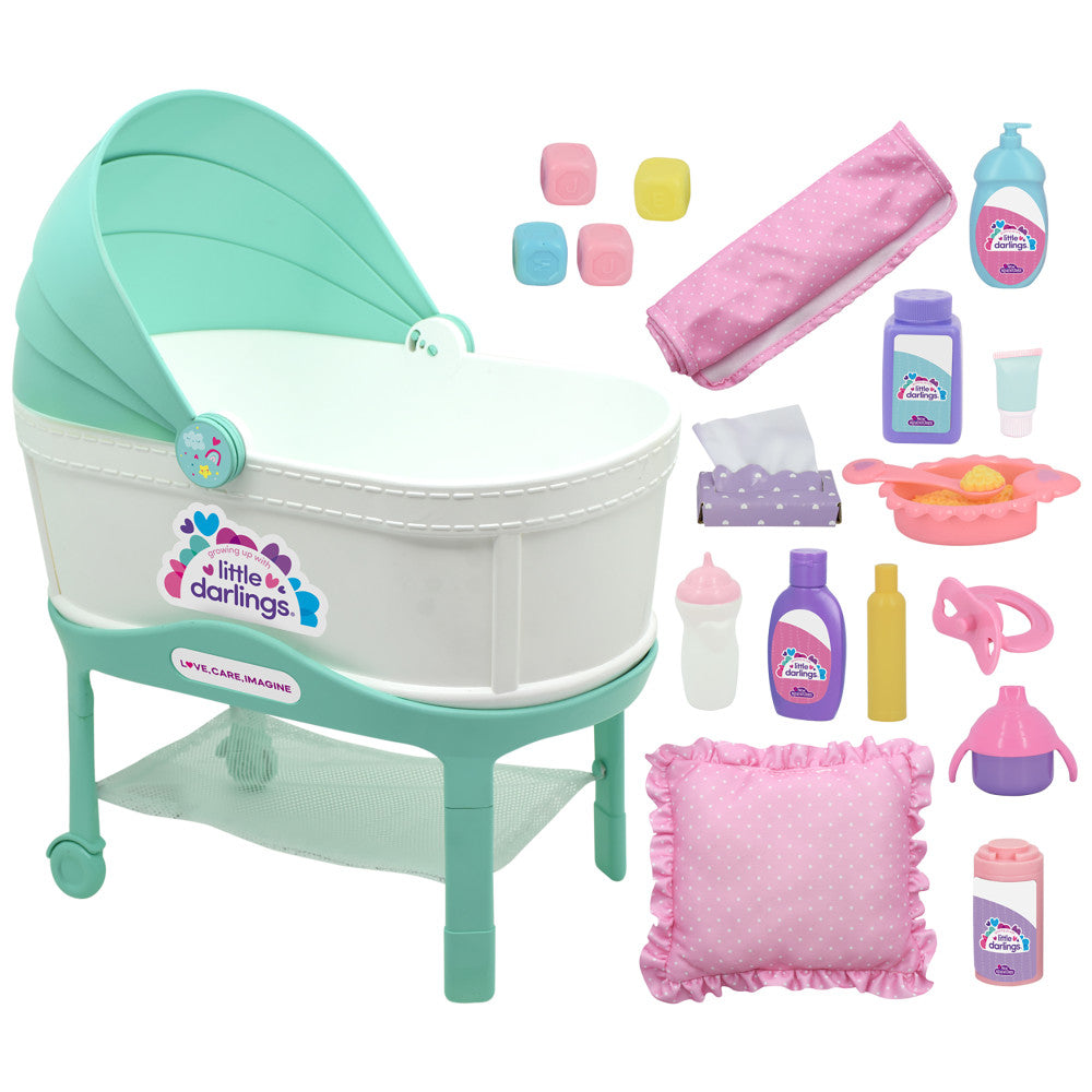 Little Darlings 12-Inch Bassinet Baby Doll Set - Teal, Pink, Stars - Image 2