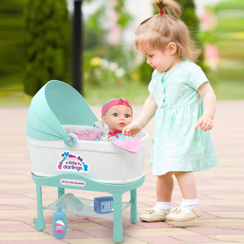 Little Darlings 12-Inch Bassinet Baby Doll Set - Teal, Pink, Stars - Image 3