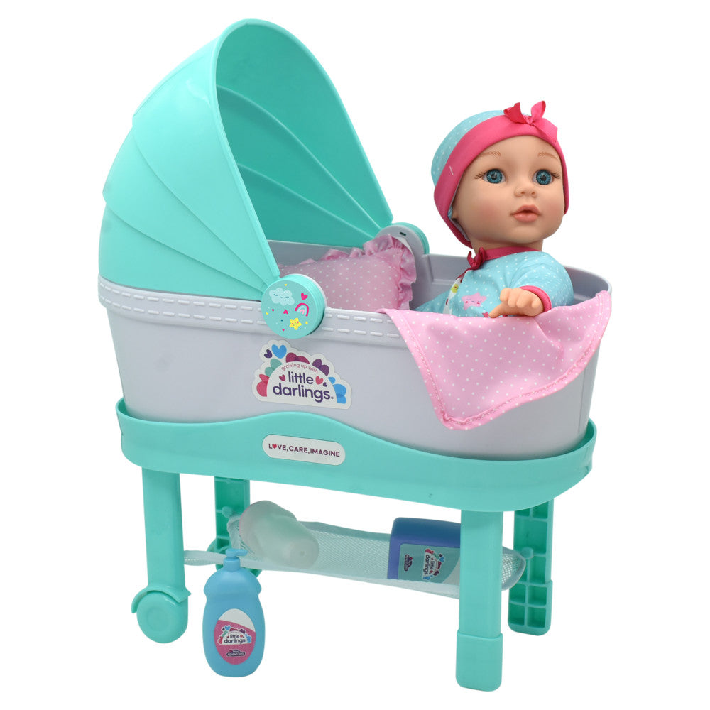 Little Darlings 12-Inch Bassinet Baby Doll Set - Teal, Pink, Stars - Image 4