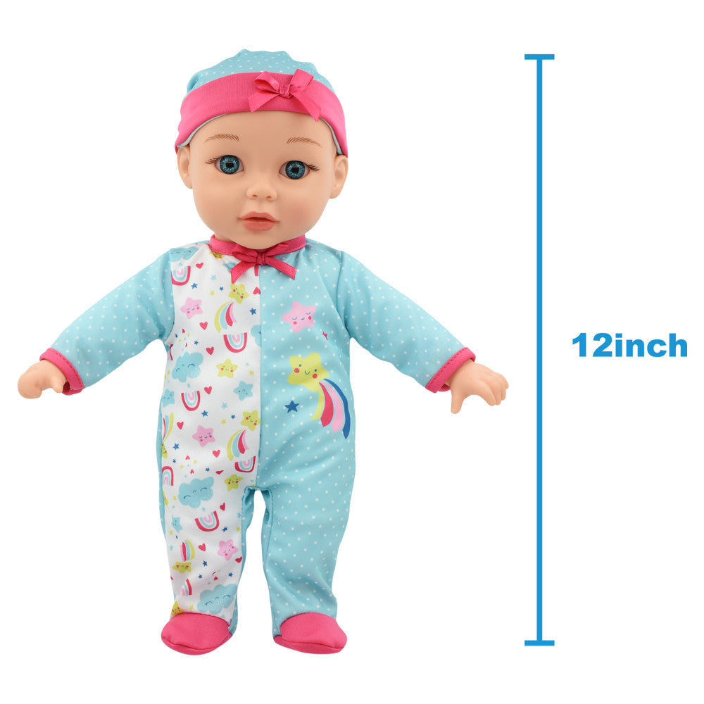 Little Darlings 12-Inch Bassinet Baby Doll Set - Teal, Pink, Stars - Image 5