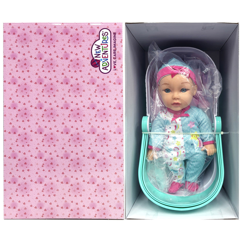 Little Darlings 12-Inch Bassinet Baby Doll Set - Teal, Pink, Stars - Image 6