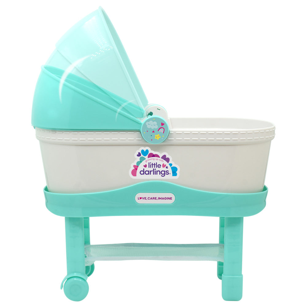 Little Darlings 12-Inch Bassinet Baby Doll Set - Teal, Pink, Stars - Image 7
