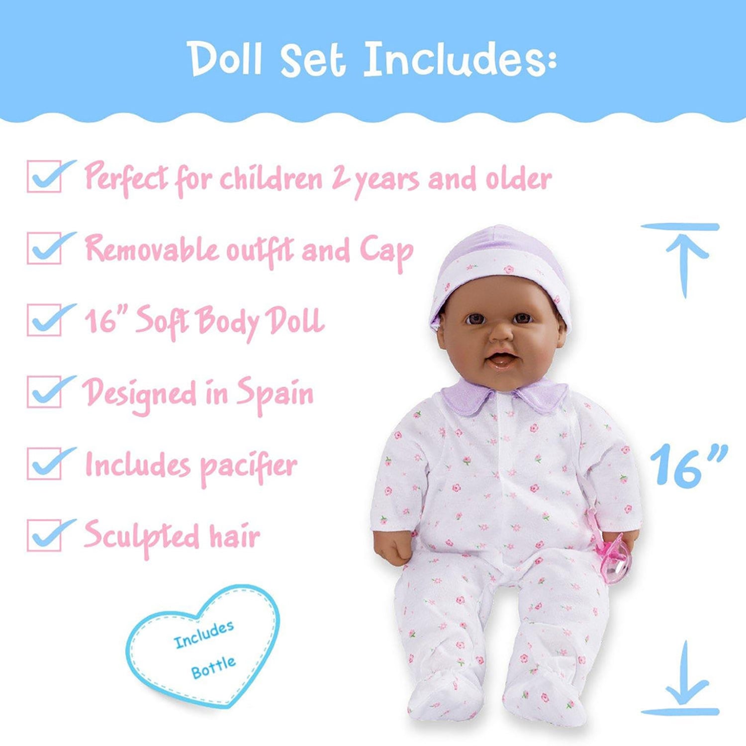 JC Toys La Baby Soft 16-inch Doll - Purple Outfit with Pacifier - Image 3