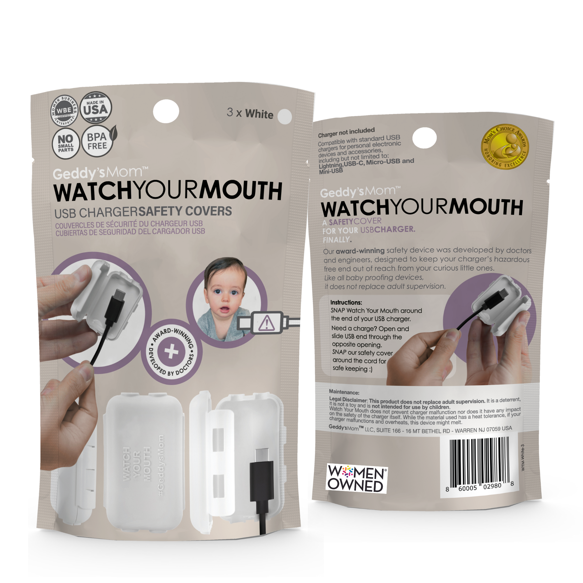 Geddy's Mom Watch Your Mouth - Baby Proofing USB Charger Safety Cover - White 3 Pack - Image 2