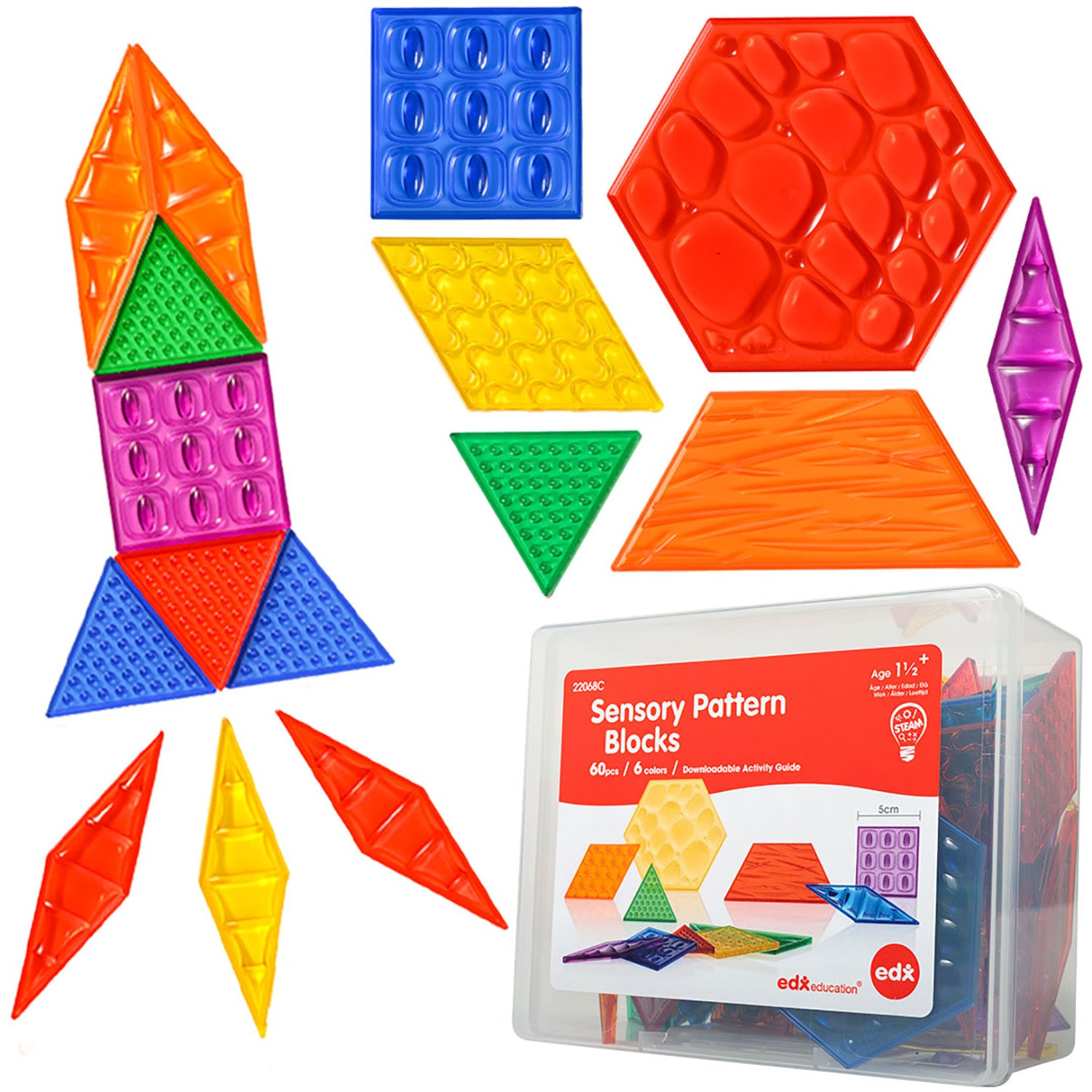 edxeducation Translucent Sensory Pattern Blocks - Tactile Exploration Set - Image 5