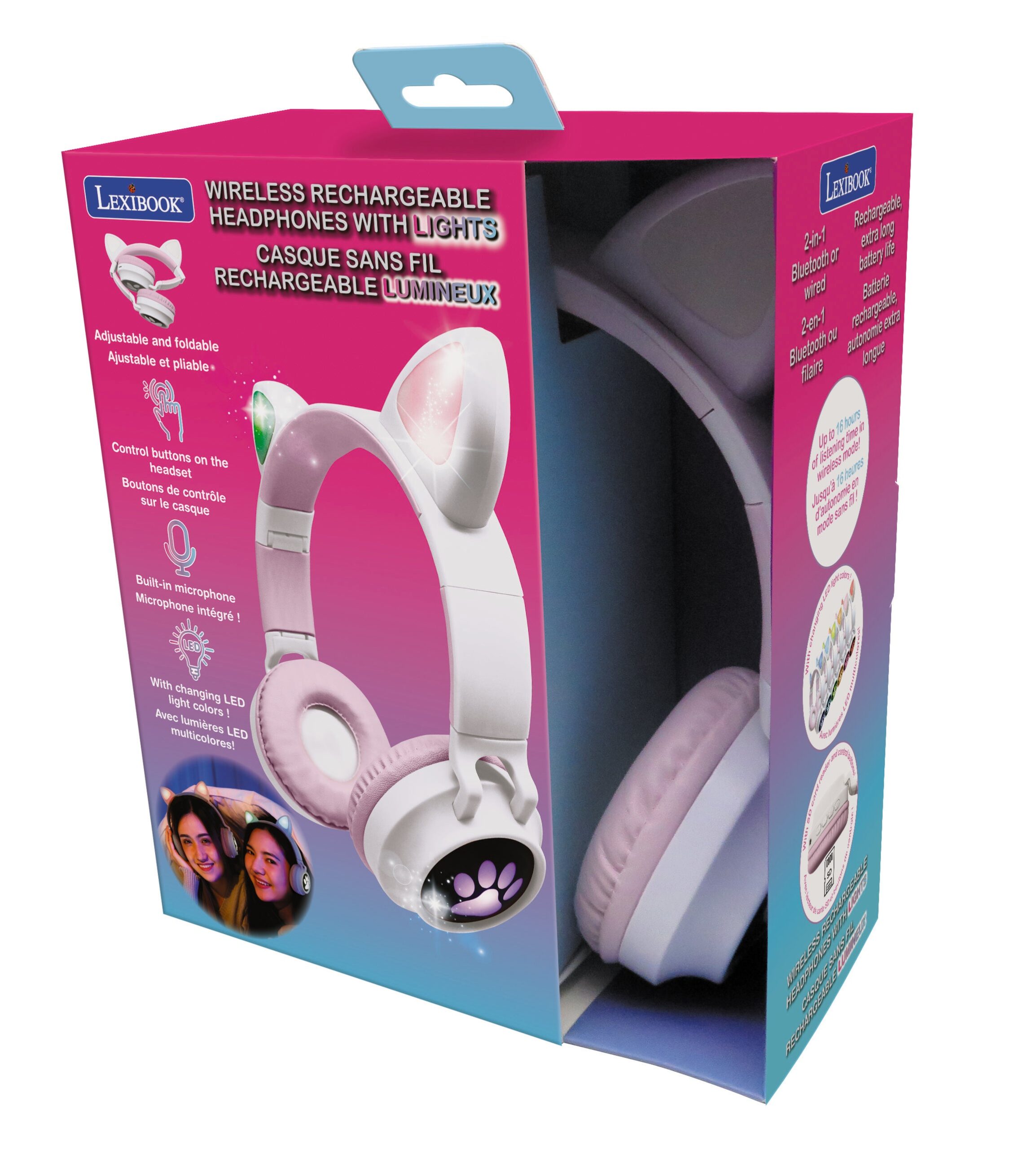 Lexibook Bluetooth Cat Ear Headphones with LED Lights - Pink - Image 2