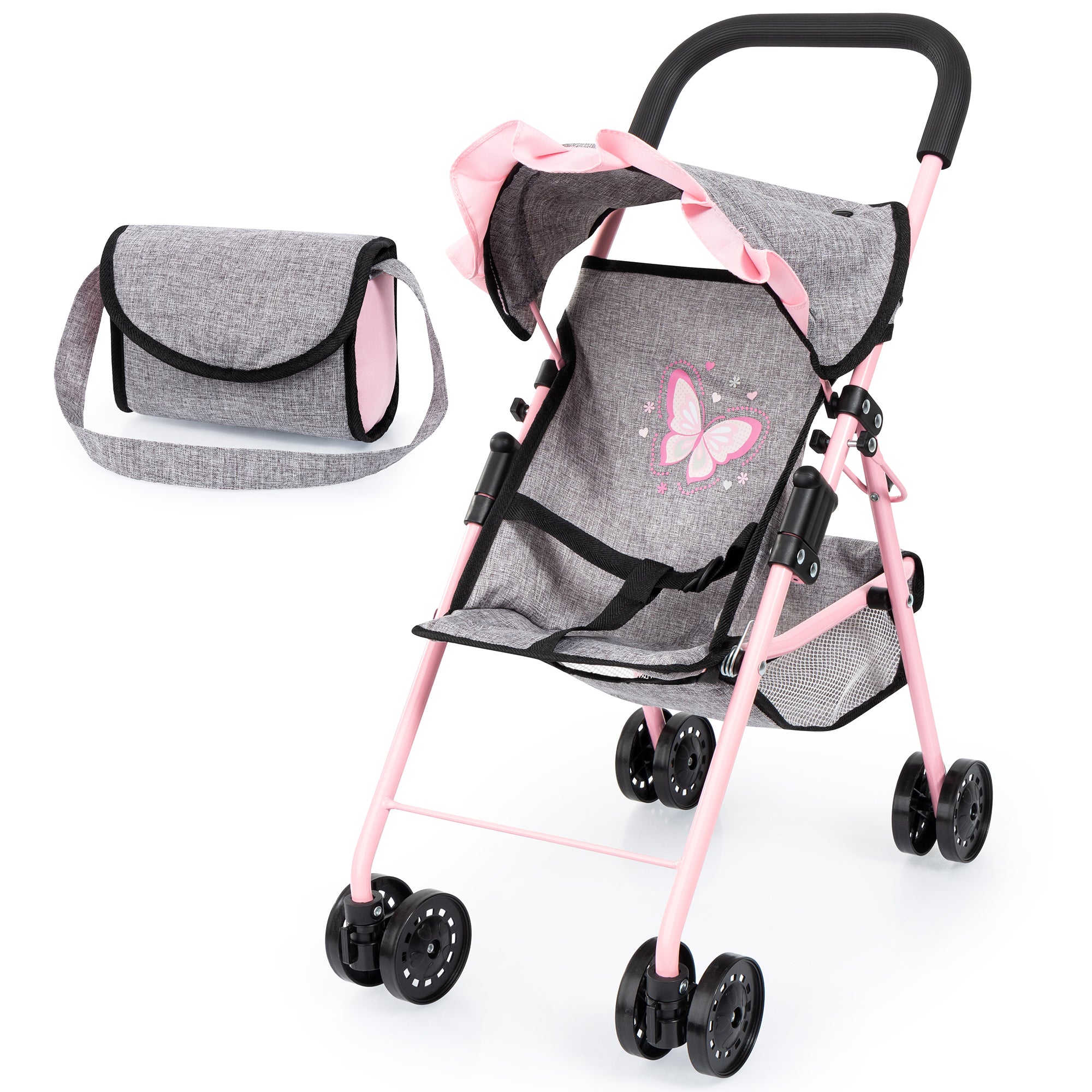 Bayer Design Doll Buggy - Play Stroller, Grey with Pink Butterfly Motif