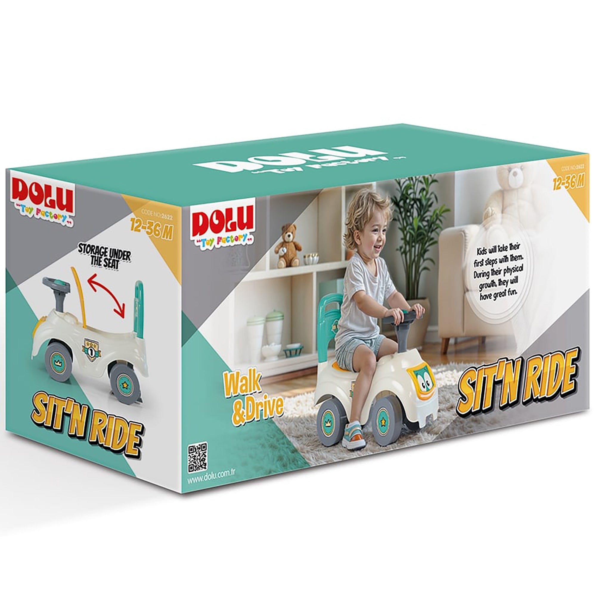 Dolu - Walk & Drive: Sit N' Ride - Vibrant Toddler Ride-on Toy, White-Yellow-Green - Image 3