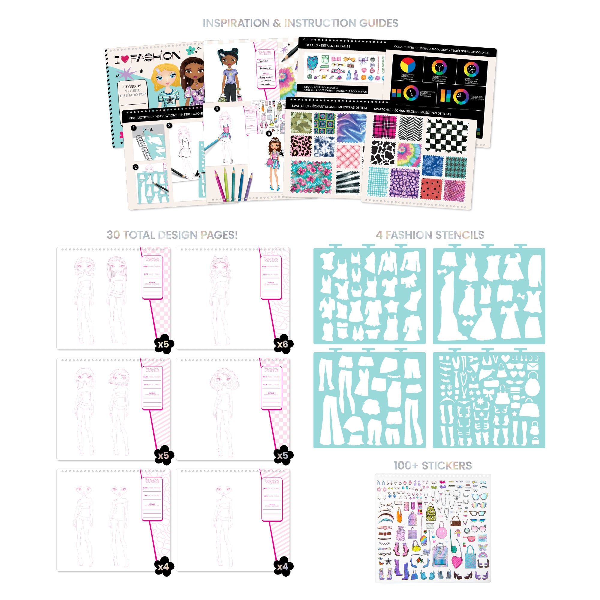 Creative Kids Fashionista Sketch Portfolio Set with Stencils, Stickers, and Markers - Image 2