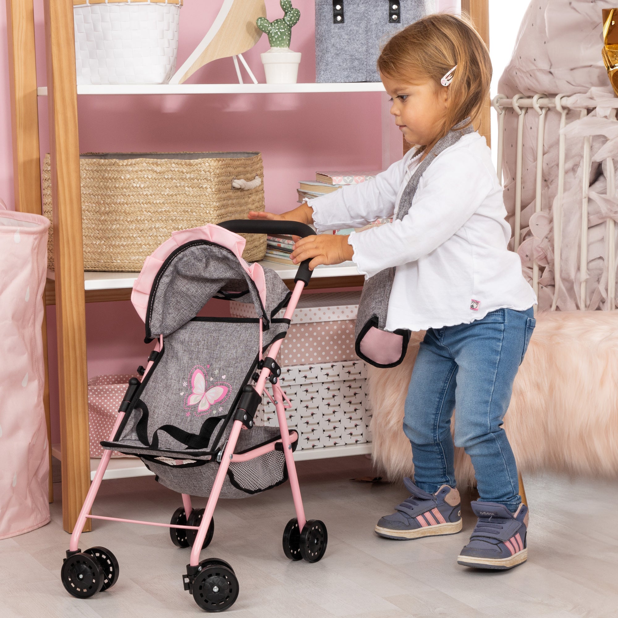 Bayer Design Doll Buggy - Play Stroller, Grey with Pink Butterfly Motif - Image 5