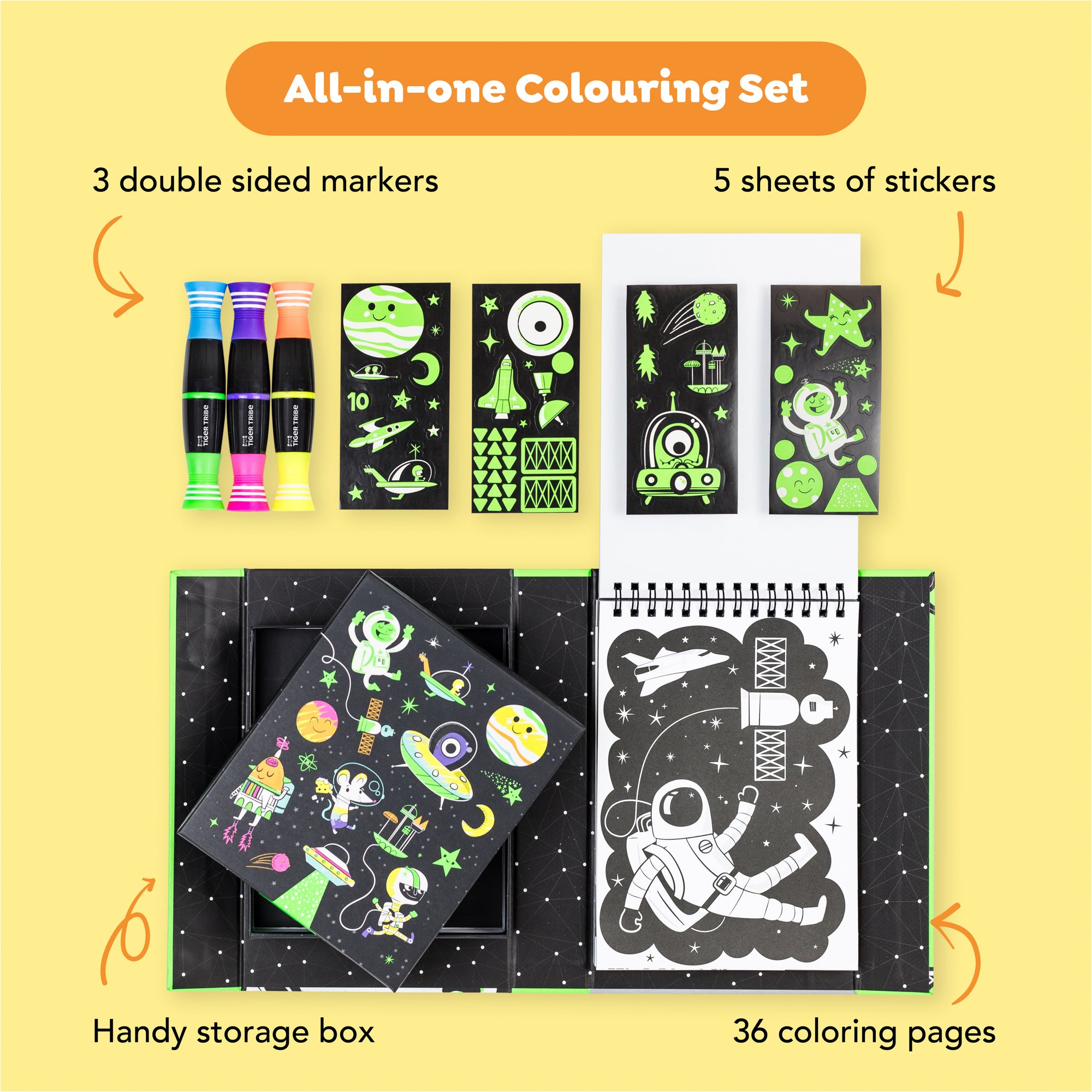 Tiger Tribe Neon Coloring Set - Outer Space Activity Kit with Markers & Stickers - Image 3